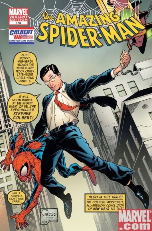 Stephen Colbert variant cover for The Amazing Spider-Man, courtesy of Marvel.com