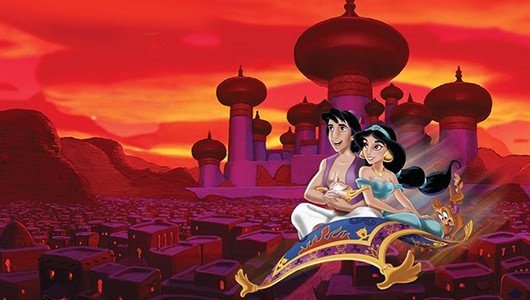 Aladdin and Jasmine soar above the clouds on Carpet