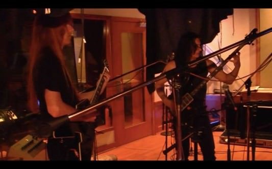 Manowar guitarist Karl Logan bassist Joey DeMaio recording Kings Of Metal 2014