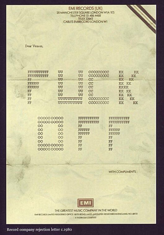 Venom 1980 rejection letter from EMI
