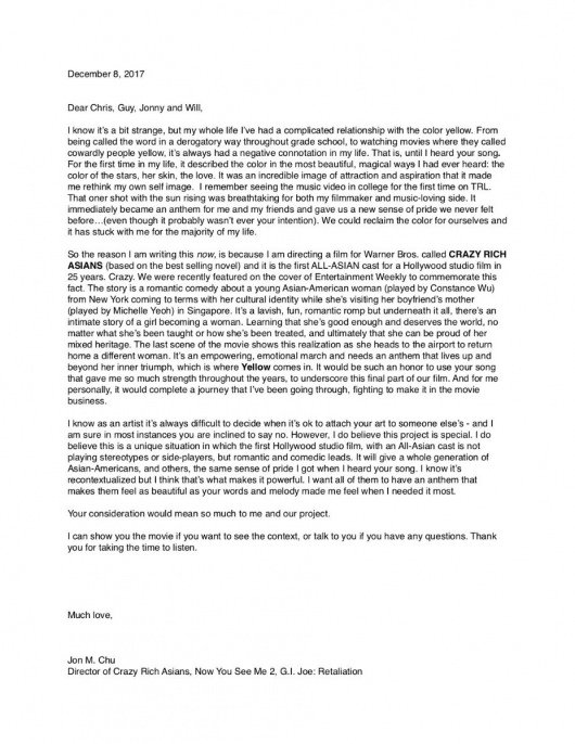 Jon M. Chu letter to Coldplay